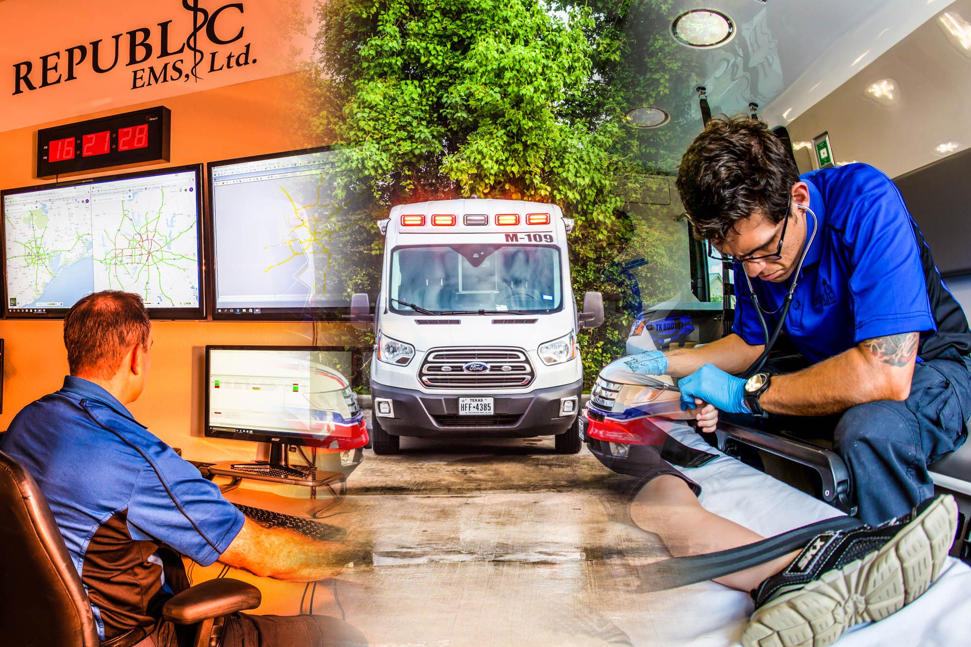 Republic EMS composite showing the dispatch command center, ambulance M-105, and a paramedic treating a patient